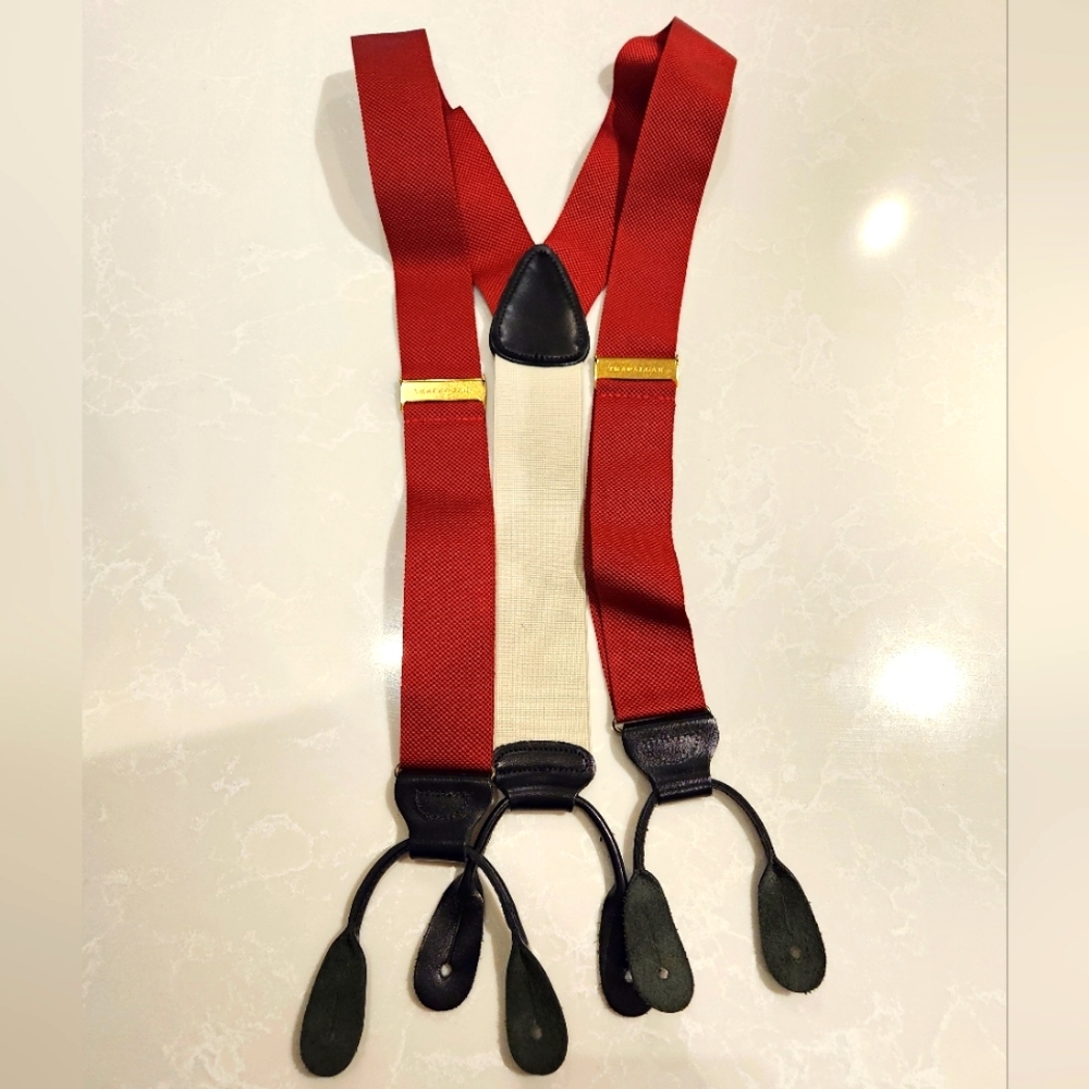 Classic TRAFALGAR Beet Red Woven Black Leather Hooks Suspenders Braces Made USA